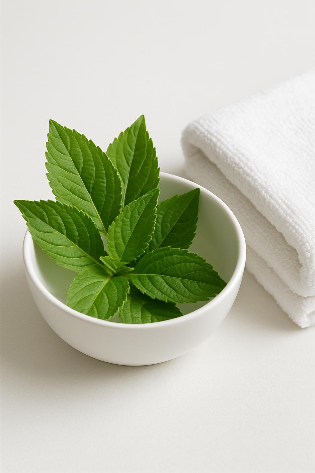 A close-up photograph of a bowl of fresh green mint leaves in front of a neatly folded white towel. The image is positione...